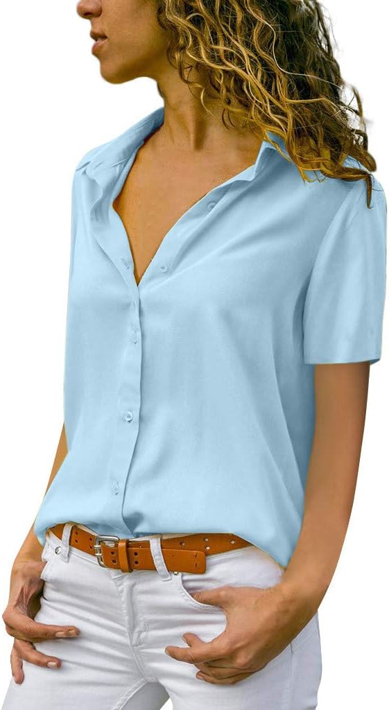 Women Blouses Short Sleeve Chiffon Causal Solid Fashion Plus Size Button Tshirt Sale Slim Fit Cool Summer Elegant Tops