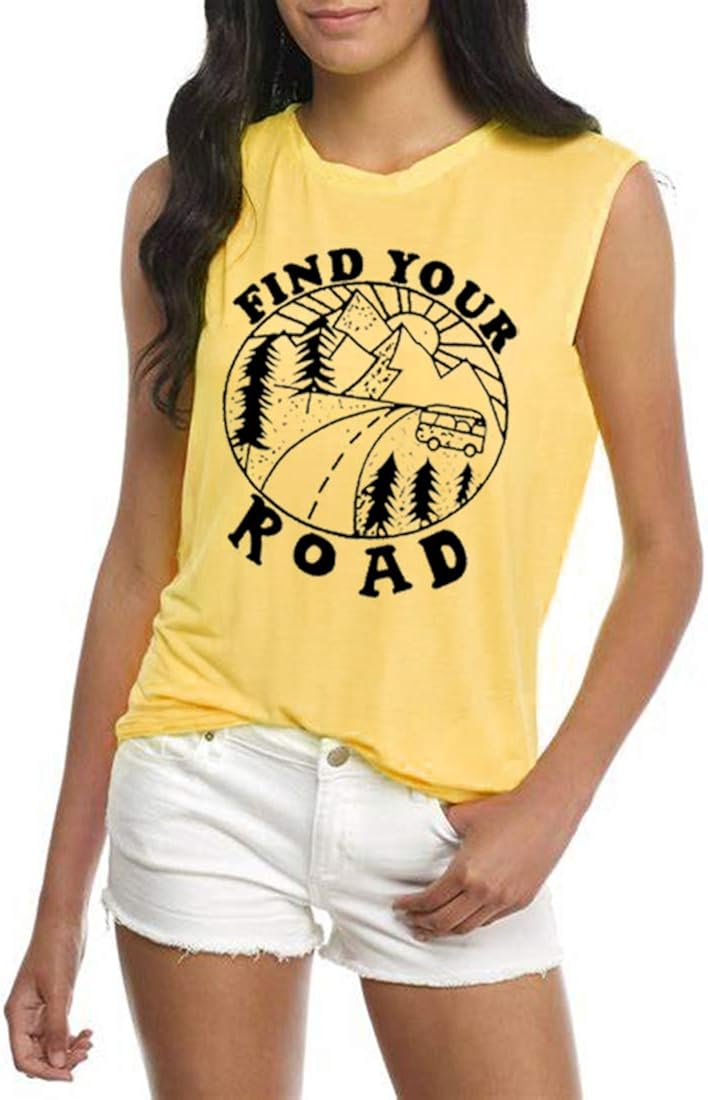Umsuhu Find Your Road Shirts Tank Tops Women Sleeveless Summer Graphic Tank Tops Tee Shirts: Clothing