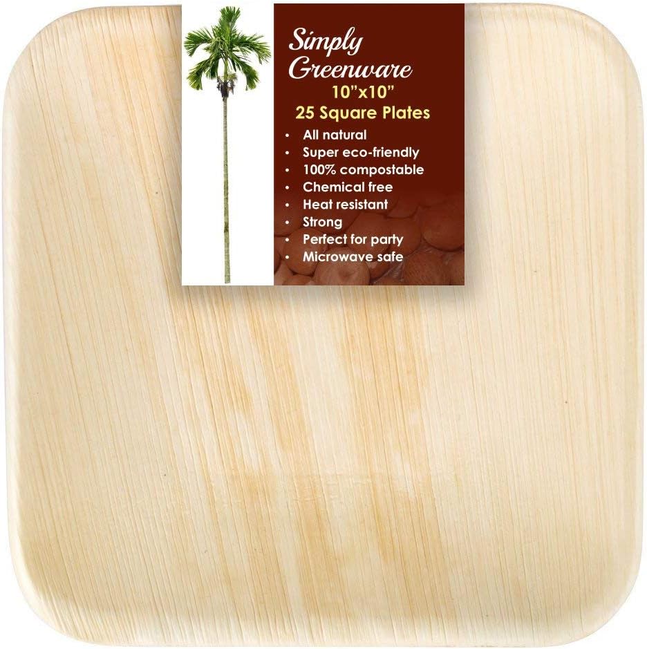Simply Greenware Palm Leaf Plates 10 Inch | 25 Count | Sturdy & Premium Quality Square Plates | 100% Compostable Disposable & Better than Bamboo Plates | Dinner Lunch Steak Parties Picnics & Events !