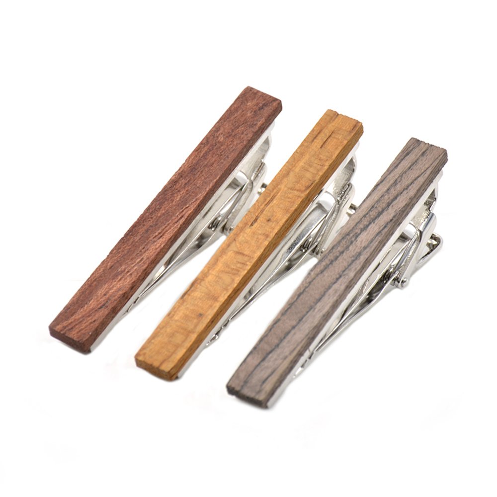 MERIT OCEAN Smart Men's Wood Tie Clip 3 pcs Natural Tie Bar 2.1 Inch in Gift Box