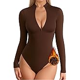 MANGOPOP Long Sleeve Body Suit Mock Turtle Neck Zip Up Bodysuit for Women Ribbed Deep V Sexy Bodysuit Shirts