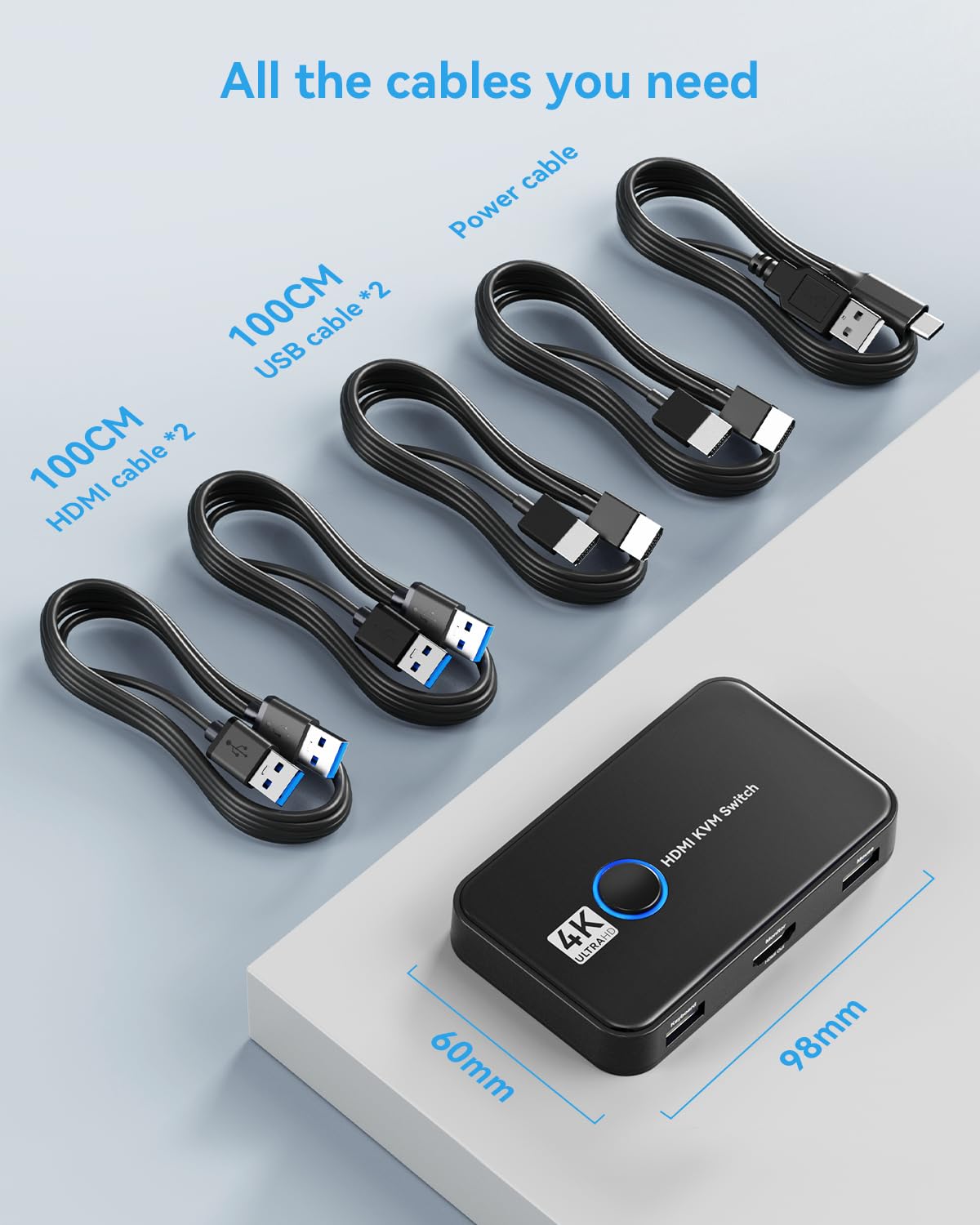 Giimake KVM Switch HDMI for 2 Computers Sharing One HD Monitor, Keyboard, and Mouse - Support 4K@60Hz, 2 HDMI Cables, 2 USB Cables, 1 USB C Charge Cable Included