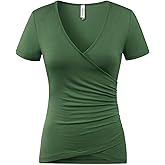 Beauhuty Women's Top Deep V Neck Slim Fitted T-Shirt Front Wrap Ruched Short Sleeve Tee