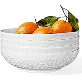 Artena Pasta Bowls 32oz, Ceramic Large Salad Bowls 8 inch, White Embossed Soup Bowl Set of 4 for Serving, Entertaining, Dinner Spaghetti, Wide Shallow, Microwave Dishwasher Oven Safe