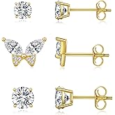 3 Pairs 14K Gold Plated Cubic Zirconia Earrings Set, Round & Butterfly Stud Earrings (Size 6mm 4mm 3mm), S925 Silver Posts, Hypoallergenic Earrings for Women & Men