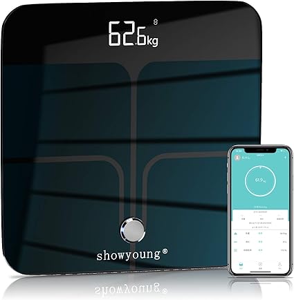 Amazon 体重計 Showyoung 体脂肪計 体組成計 高精度ito Bia Bluetooth対応 日本語アプリ 体脂肪 筋肉重 基礎代謝 Bmiなど13種データ測定 日本語取扱説明書 デジタルヘルスメーター 自動on Off 乾電池付き ブラック Showyoung 体重 体脂肪 体組成計