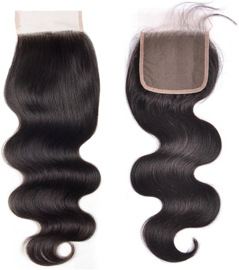 Rabake 1PC Unprocessed Human Brazilian Body Wave Lace Closure Top Quality Virgin Hair 120% Density 4 * 4 Bleached Knots Free Part #1B Natural Black Color Frontal Closure (10inch)