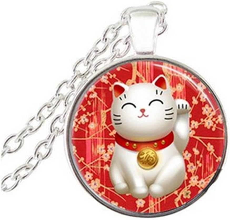 Lucky Cat necklace Red Maneki Neko Good Luck Charm Art Glass Dome necklace