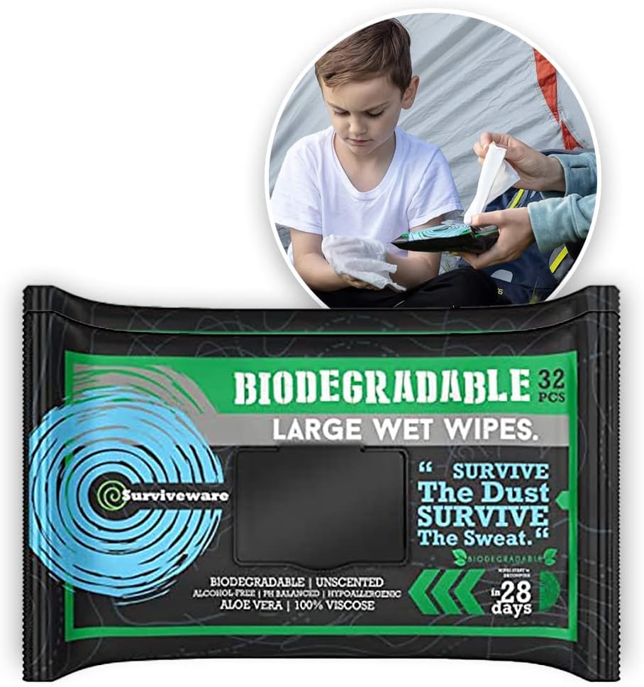 Surviveware Biodegradable Wet Wipes, Face and Body Wipes for Post