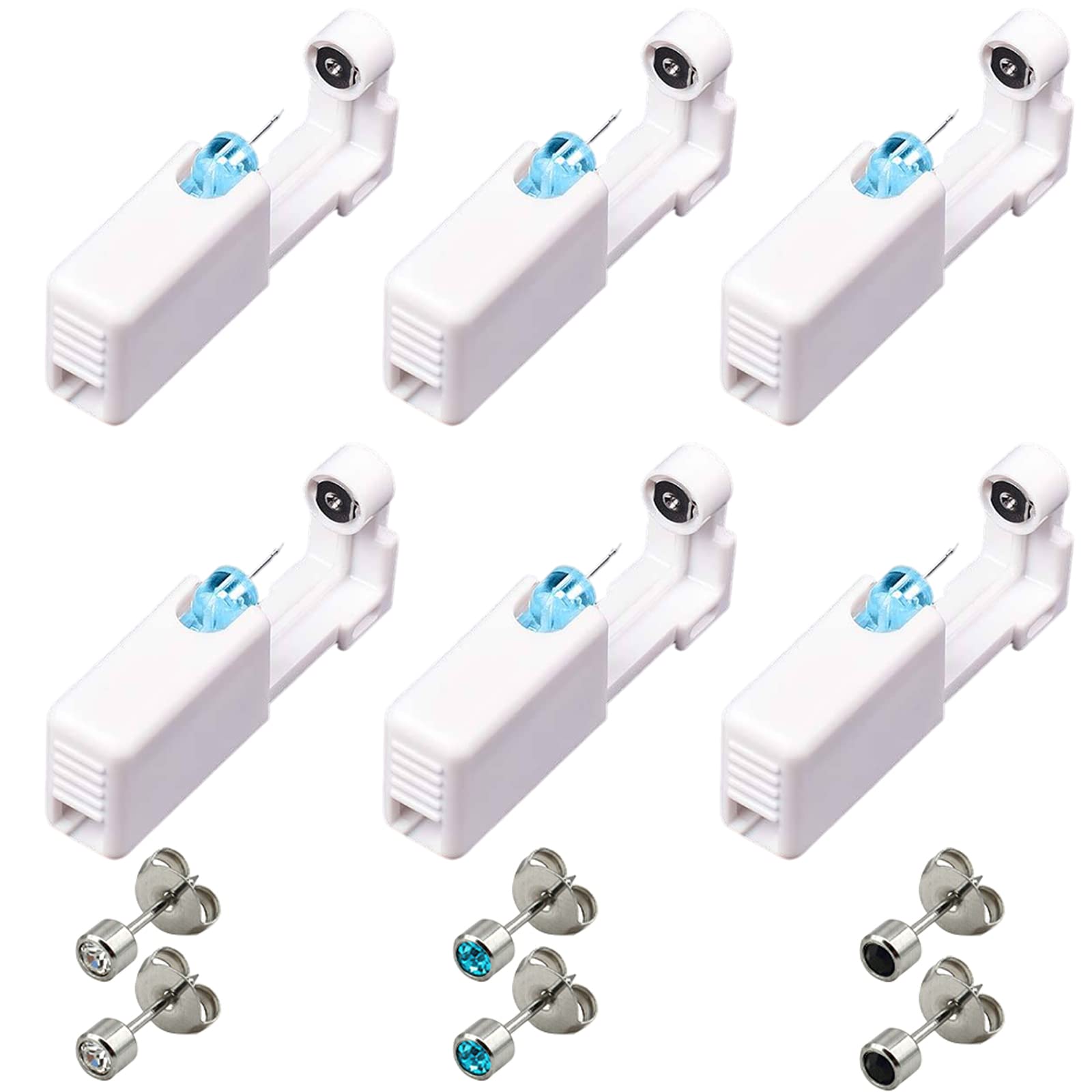 6 Pack Self Ear Piercing Gun, VEGCOO No Pain Disposable Ear Stud Piercing Gun Kit, Safety Asepsis Piercing Tool with 6 Ear Studs for Women Girls Men Boys (6 Pack)