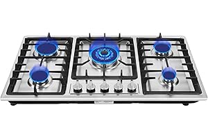 AHULIN 33.8Inch Gas Cooktop, 5 Burner Gas Stove, NG/LPG Convertible Gas Cooktops, Gas Countertop Plug-in with Drop-In Gas Stove Top, Dual Fuel Sealed Burners, Stainless Steel
