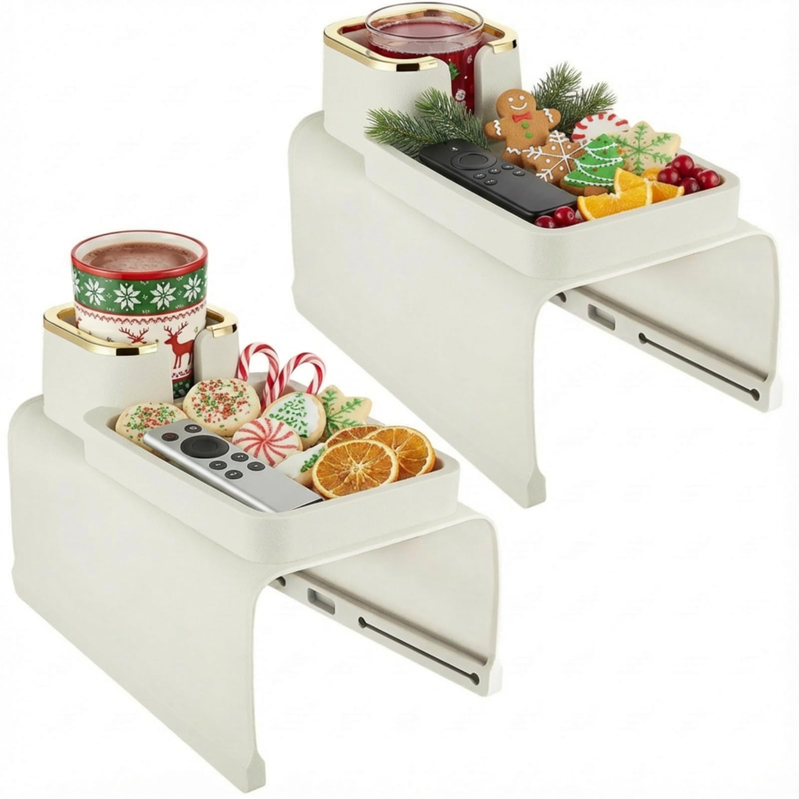 Photo 1 of 2 Pcs Couch Cup Holder Tray Silicone Anti-Spill Anti Slip Sofa Armrest Drink Holder Weighted Couch Caddy Recliner Arm Table for Remote Controls, Phones, Cups and Snacks (Beige)