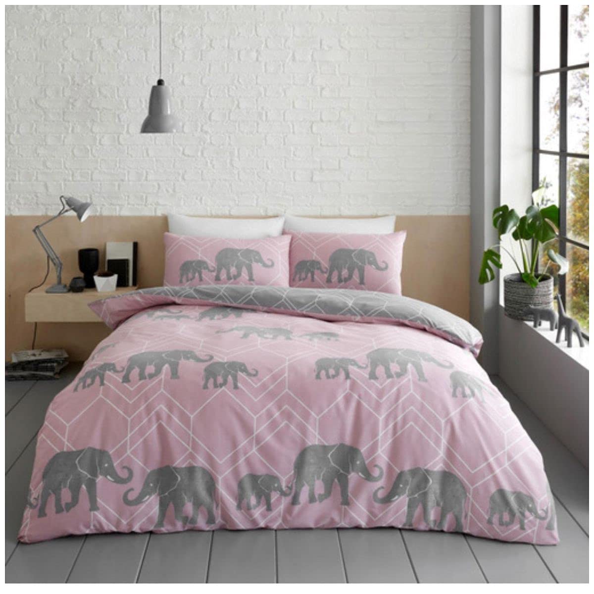 GC GAVENO CAVAILIA Easy Care Luxury Printed Geo Elephant Duvet Cover, Soft & Cosy Quilt Bed Set, Single, Blush-Pink/Charcoal, Polycotton