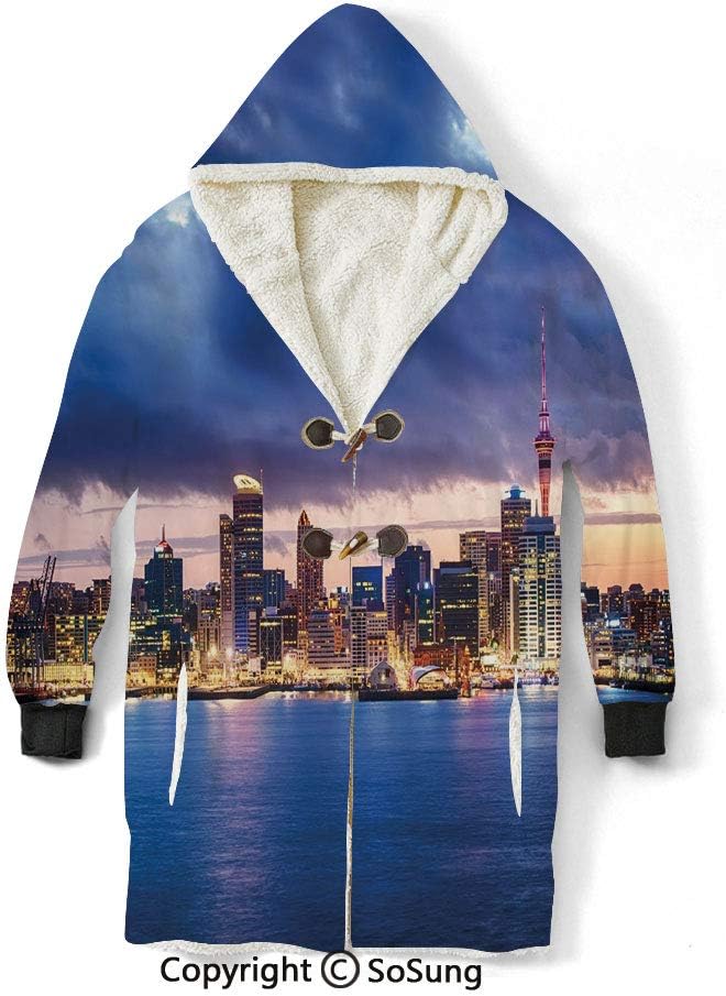 City Blanket Sweatshirt,Auckland The Biggest City in New Zealand Waterfront Travel Destination Wearable Sherpa Hoodie,Warm,Soft,Cozy,XXL,for Adults Men Women Teens Friends,Navy Blue Pale Yellow