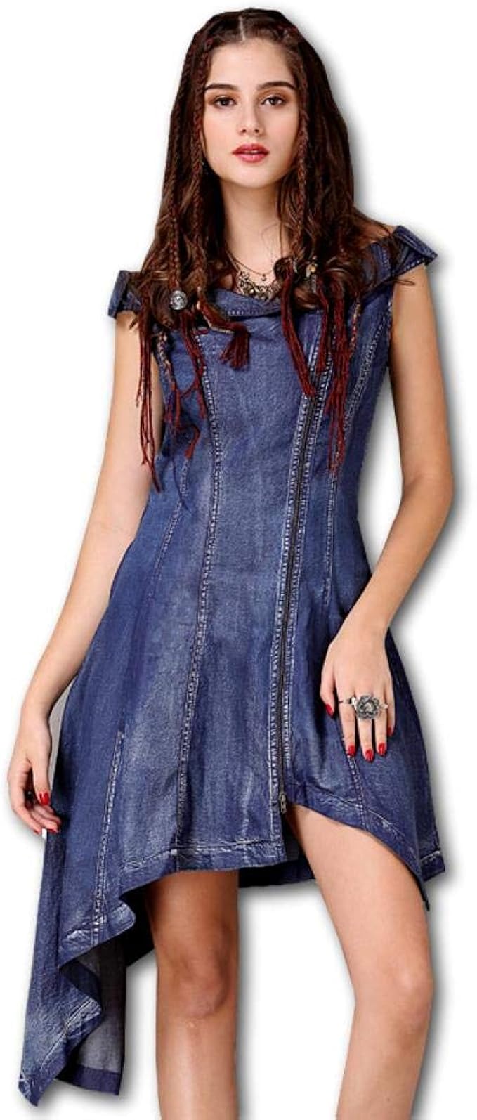 ジズル Zizzle レディース デニム アシンメトリー ジッパー ワンピース ミニ丈 ノースリーブ ボヘミアン ファッション 向け S ワンピース チュニック 通販 Amazon