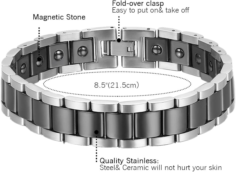 Cupimatch Men's Punk Rock Stainless Steel Healthy Magnetic Ceramic Bracelet Link Chain Wrist, 8.5 Inch - Image 3