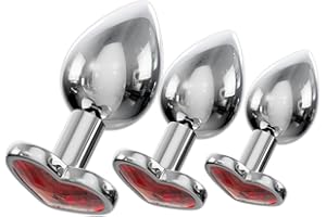 Jewelled Butt Plugs by bed geek Stainless Smooth Metal Anal Plug Adult Sex Toys Velvet Bags 3 Size Pack (Heart Red)