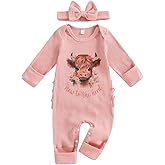 PUHHAPIEY Newborn Baby Girls Clothes Daddys Girl Highland Cow Onesie Long Sleeve Romper Western Clothes Coming Home Outfit