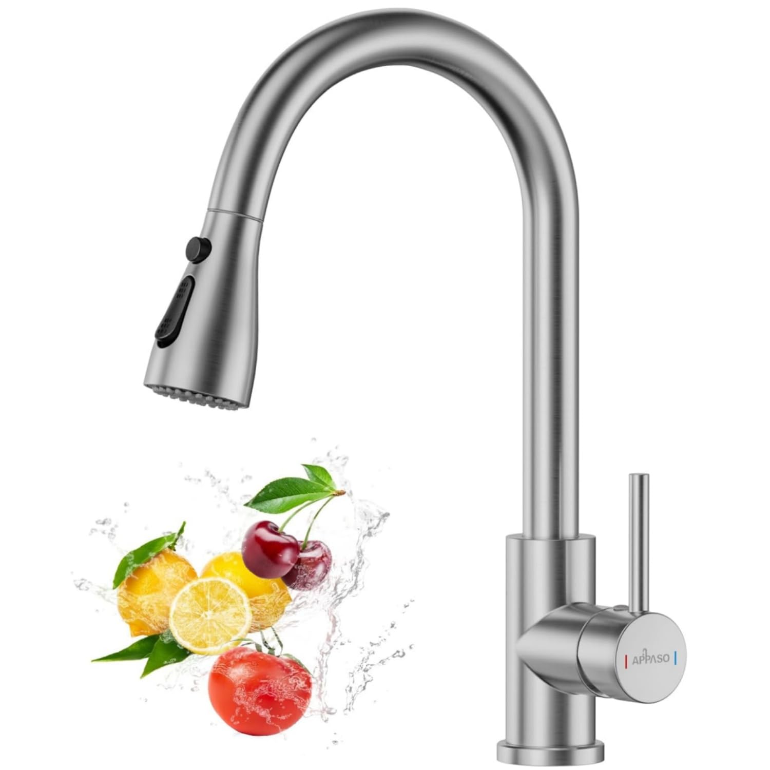 APPASO キッチンミキサー シングルレバー ハイアーク シンクミキサー 引き出し式 SUS304ステンレス 無鉛シンク モダンミキサー ブラッシュドニッケル （通常水流、ブレード状強力吐水、シャワー吐水）商品画像