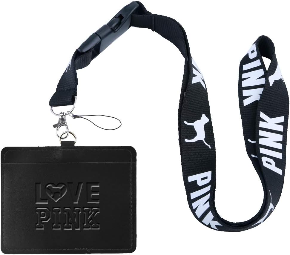 Love Pink Black Faux Leather Business ID Badge Card Holder with (Black with White Bold) Keychain Lanyard