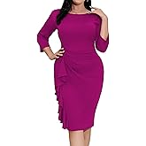 Plus Size Dresses for Curvy Women 3/4 Sleeve Bodycon Ruffle Midi Pencil Dress