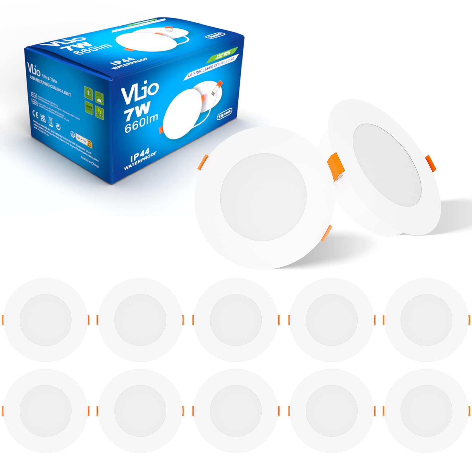 Vlio 7W LED Downlights for Ceiling, 3000K Warm White, 660LM, 95mm-105mm Hole Size, Ultra Slim LED Recessed Ceiling Lights IP44 Round Spotlights for Bathroom Kitchen Living Room, 10 Pack