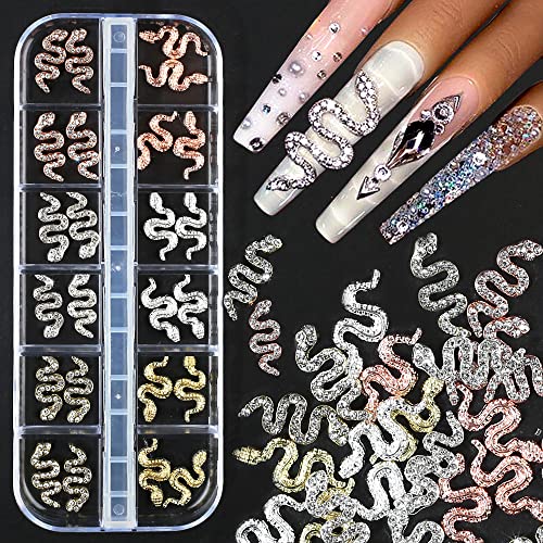 24 pcs/Box 3D Snake Nail Charms with Rhinestones, Gold Silver Snake