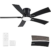 46 Inch Ceiling Fans with Lights and Remote, Black Low Profile Ceiling Fan, Flush Mount Style with 5 Blades, For Indoor Bedroom Living Room/Outdoor, 6 Speed Reversible DC Motor, 3CCT Dimmable LED