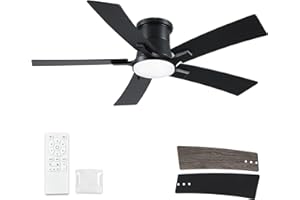 REALMATE 46 Inch Ceiling Fans with Lights and Remote, Black Low Profile Ceiling Fan, Flush Mount Style with 5 Blades, For Indoor Bedroom Living Room/Outdoor, 6 Speed Reversible DC Motor, 3CCT Dimmable LED