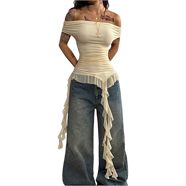 SOLY HUX Women's Off The Shoulder T Shirt Cap Sleeve Ruffle