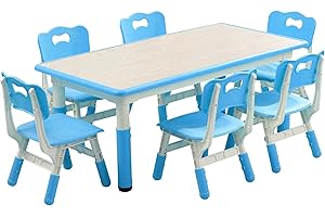Joankaren Kids Table and 6 Chair Set,47.20" Height Adjustable Toddler Table and 6 Chairs Set with Non-Slip Desks Legs&Organiz