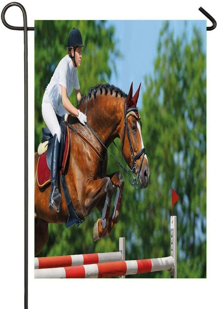 Young Woman Jumping with Bay Horse Competition Hurdle Obstacle Training Mare Funny Party Garden Flags - Indoor & Outdoor Decorative Home Lawn Yard Flags - Vertical Double Sided Flags 12&times;8 in