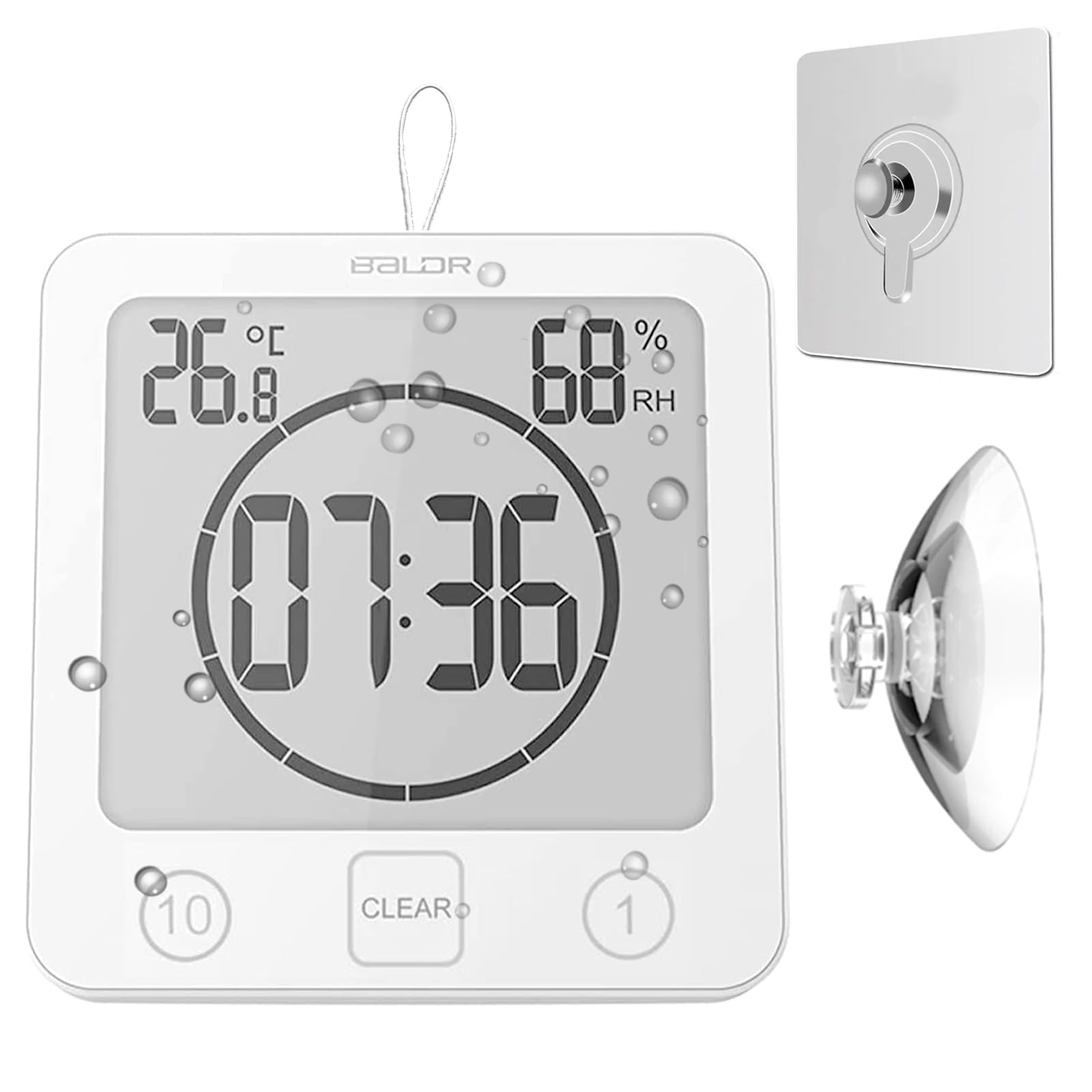 Waterproof Bathroom Wall Clock Shower Timer, Digital Large Visual Countdown Alarm Clock with Temperature Humidity, Mirror Suction & Rope Hanging & Stand, Easy Table Timer for Bath Kitchen Spa (White)