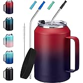 Stainless-Steel Coffee Cup 32 oz Mug Tumbler - with Handle, Straws & Protective Boot, Keep Cold 36hrs & Hot 24hrs, Insulated Tumbler Water Cup, Leak-proof Big Travel Mugs Thermal Flask Water Bottle