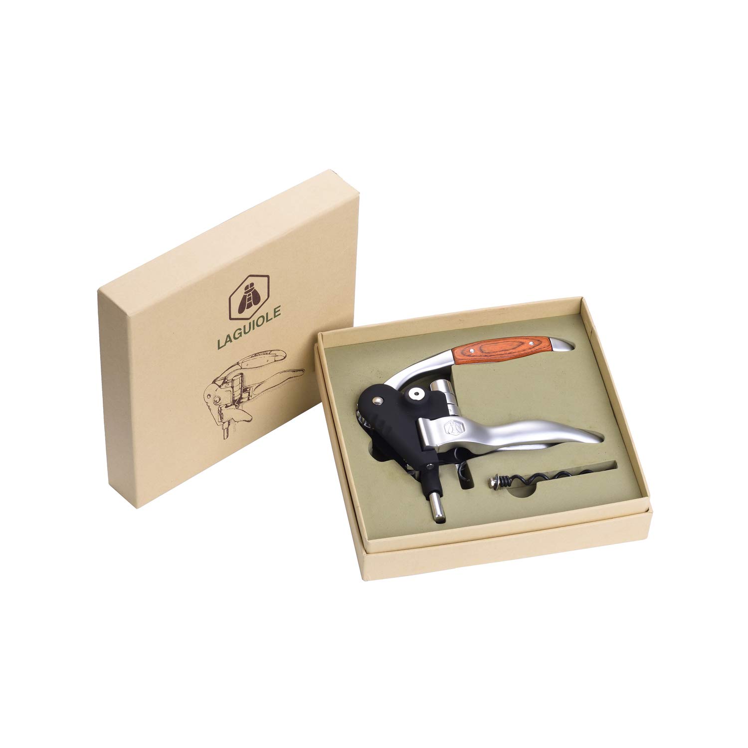 LAGUIOLE - Corkscrew with Cremallière Lever - Aluminium and Wood - with Spare Twist - Gift Box