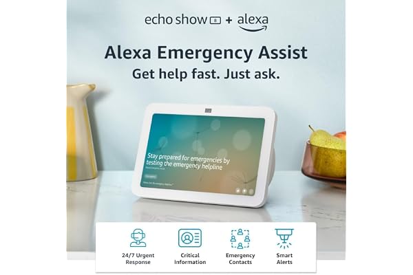 Echo Show 8 (2023 release), Glacier White, bundle with Alexa Emergency Assist (monthly auto-renewal subscription)