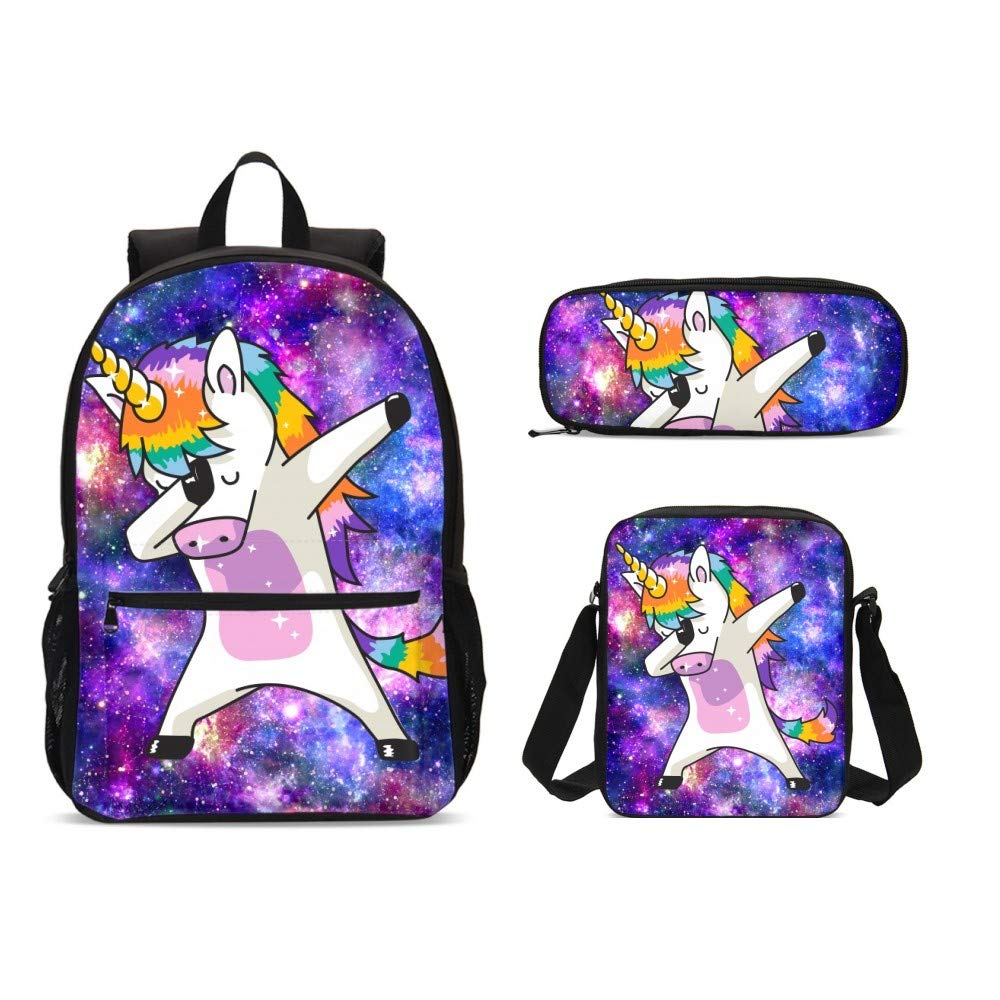 PrelerDIY Galaxy Unicorn Backpack Set 3 Piece 17 Inch Plus Book Bag Shoulder Bag Pencil Case for Boys Girls 1-6th Grade Kids Back to School