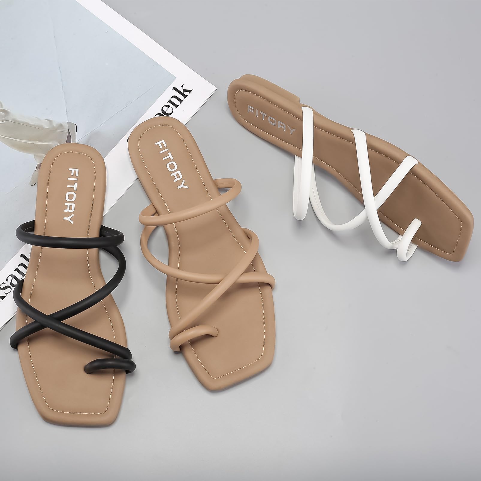 FITORY Women's Slide Sandals Flat Toe Ring Thongs with Cross Strap for Summer Size