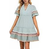 EZAPINE Women Striped Mini Dress V Neck A Line Flowy Fringe Hem Puff Sleeve Cute Tiered Babydoll Dress