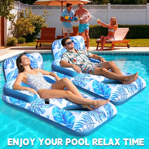ChlorBlu Adult Inflatable Pool Mattress, Adult Swimming Pool Ring with Pillow and Handles, Drink Holder and Phone Holder, Inflatable Pool Chair for Adults, Tanning Pools