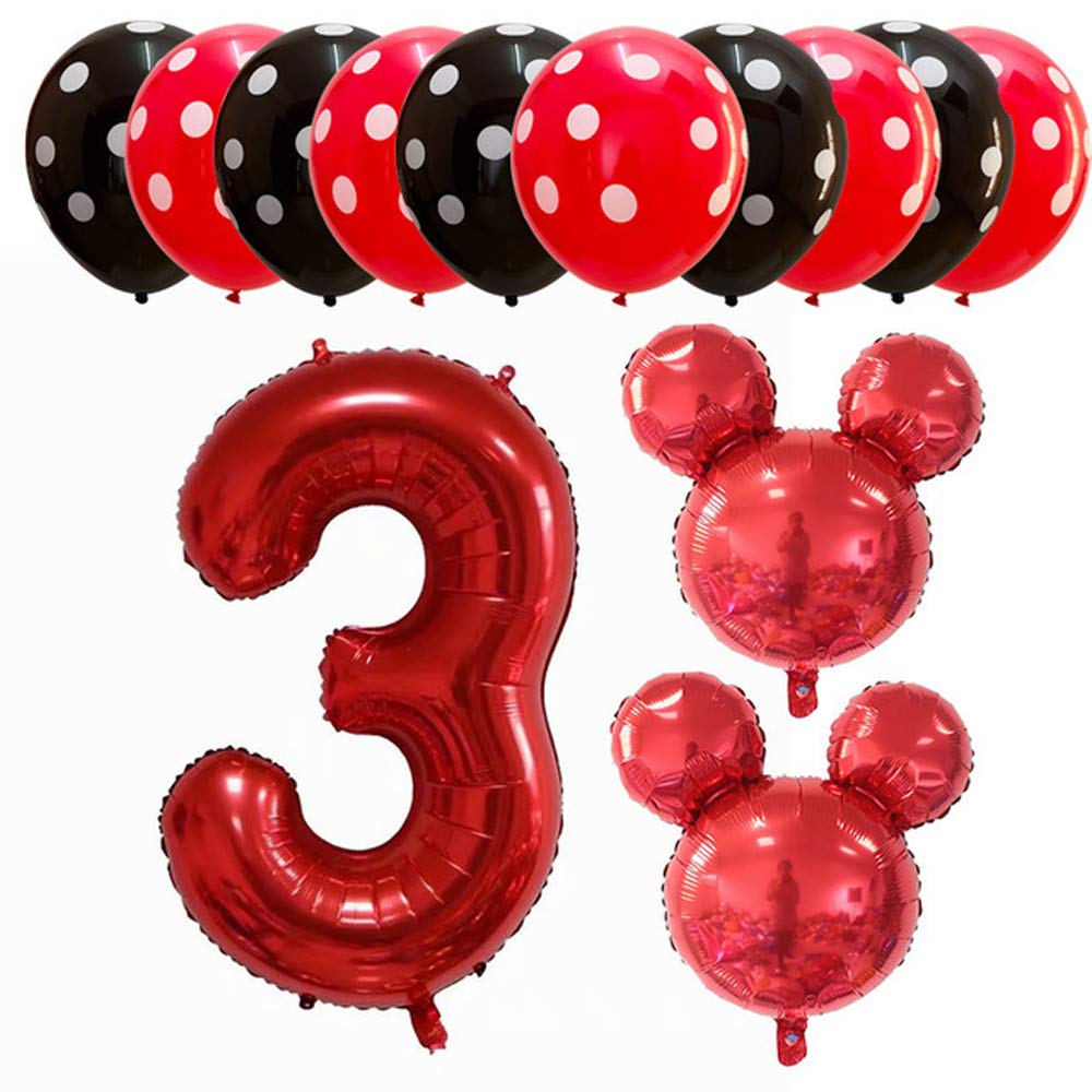 Photo 1 of Hongkai Red Mouse 3rd Birthday Girl Decoration Foil Balloons Set 32" Red Number 3 Mylar balloons Baby Three Year old Birthday Kids Happy Birthday Party Supplies