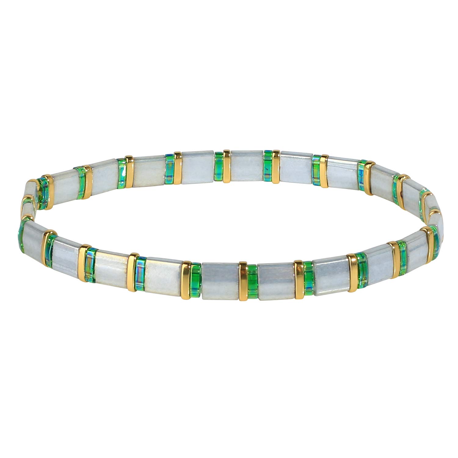 KELITCH Women Tila Beads Charm Bracelet Stretch Bracelets Candy Colors Wrap Friendship Jewery - Green White I