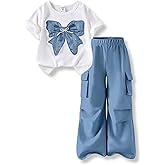 Voxikodex Girls Clothes 2 Piece Cute Butterfly Print T-Shirt Tops & Cargo Pants Spring Summer Outfits Teen Tween Girls 9-14Y