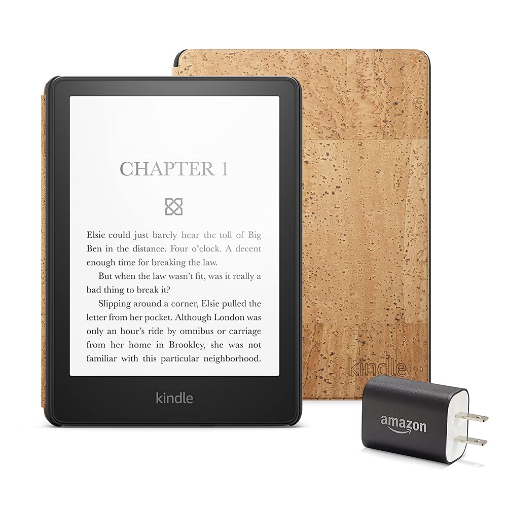 Kindle Paperwhite Essentials Bundle including Kindle Paperwhite (16 GB) Without Lockscreen Ads, Cork Cover - Light, and Power Adapter