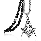 BLEUM CADE Stainless Steel Masonic Symbol Pendant Necklace with Black Natural Agate Stone Chain 27inches