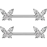 Pierced Owl 14GA 316L Stainless Steel CZ Crystal Butterfly Ends Nipple Barbells, Sold as a Pair