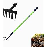 JYI&amp;FORGE Small Garden Rake, Telescopic Handle 27-39 In, for Tight Spaces | Mini Rake, Flower Beds, Pots, No Bending, Non-Slip Grip, Lightweight, 5 Tines