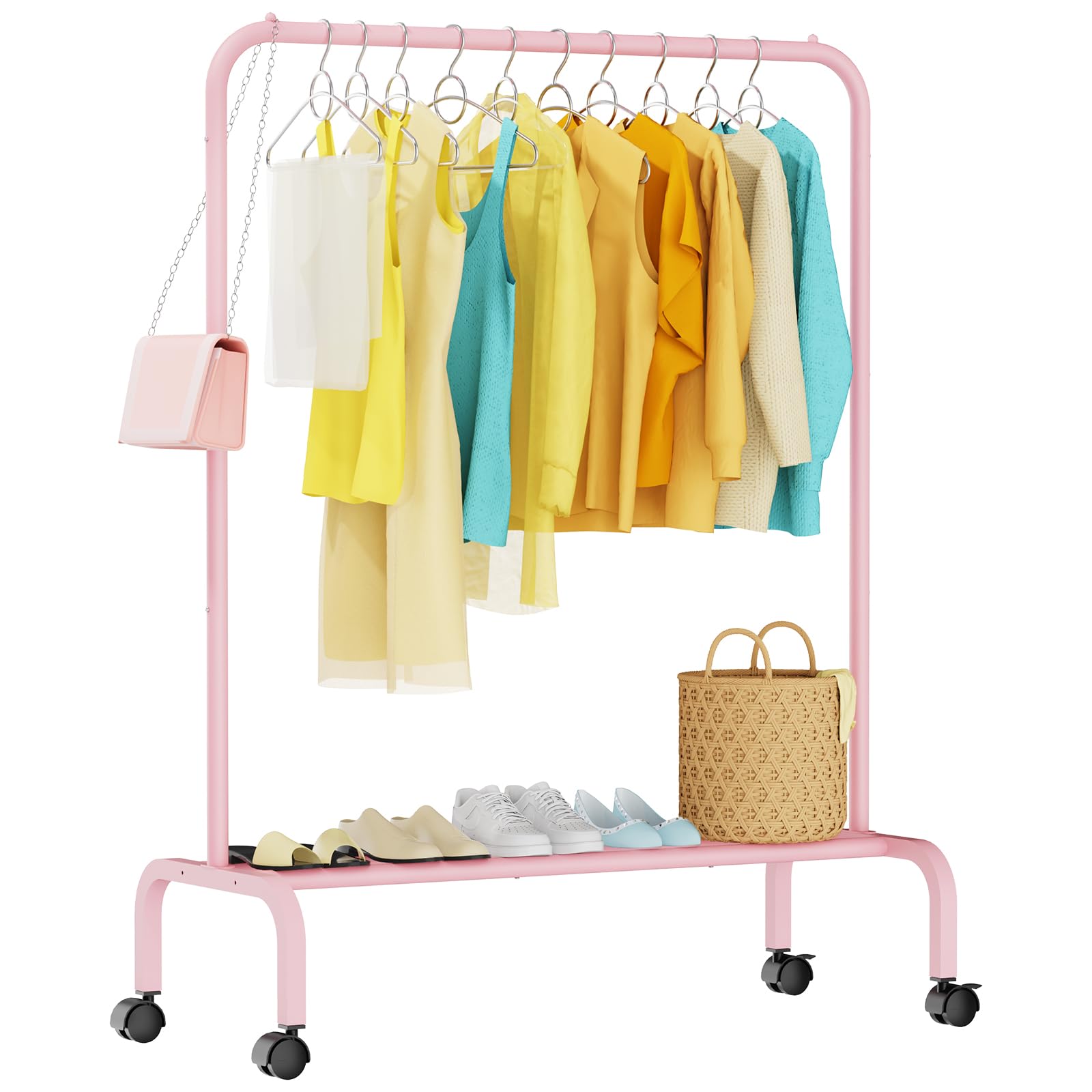 STARLATTA Rolling Clothing Racks for Hanging Clothes, Garment Rack for Clothes to Hang, Metal Portable Wardrobe Rack for Coats, Jackets, Shirts, Dress,Pink