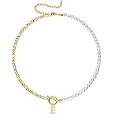 Yanxyad Pearl Initial Necklaces for Women 18K Gold Stainless Steel Letter A-Z Pendant Figaro Chain 16+3 Inch Jewelry Gift for Her