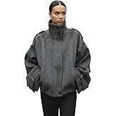 Lomehue Women Cropped Trench Coat Zip Up Funnel Neck Short Jacket Oversized Wool Coats Fall Winter Casual Outfits 2025